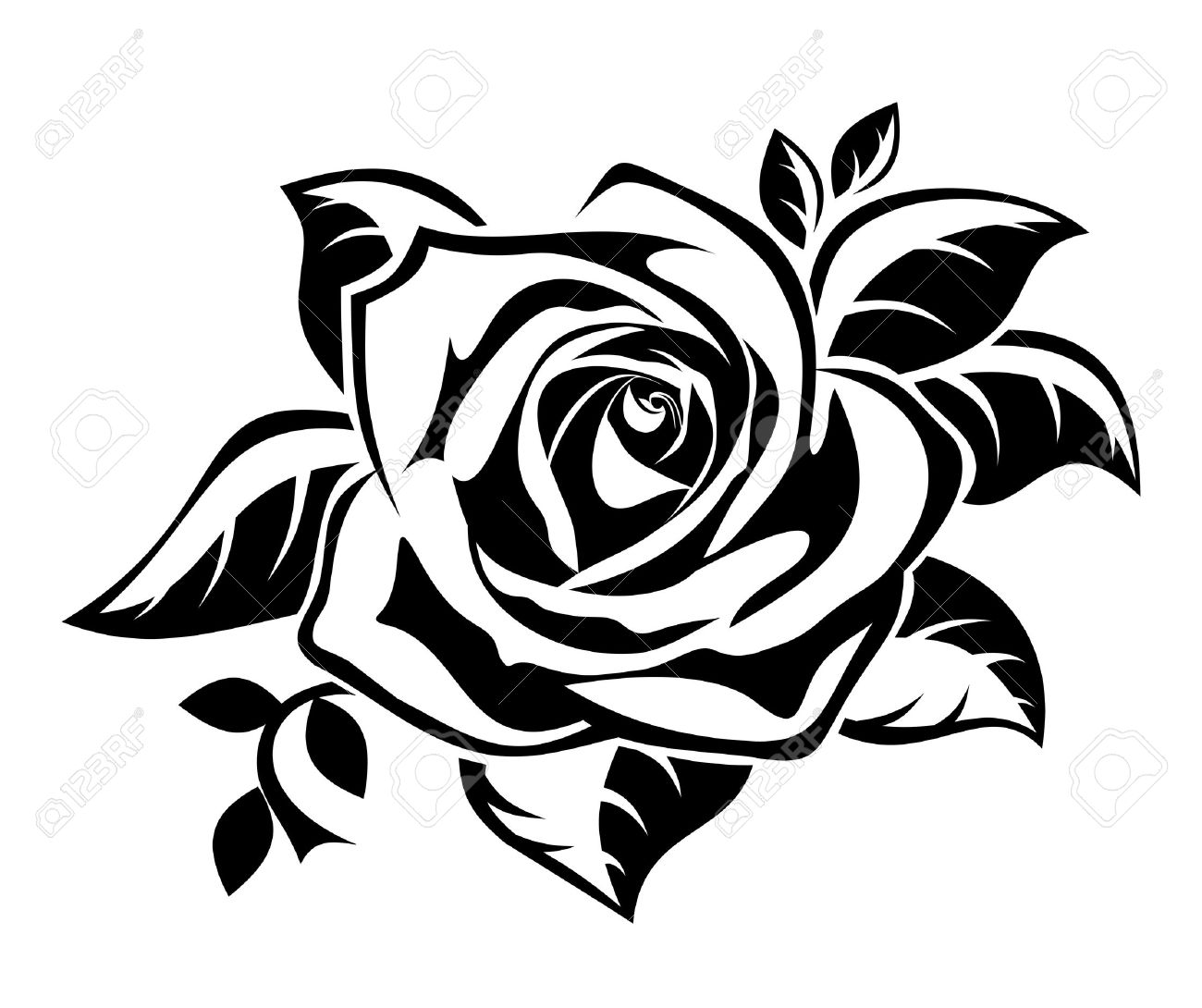 1300x1090 Black Silhouette Of Rose With Leaves. Royalty Free Cliparts