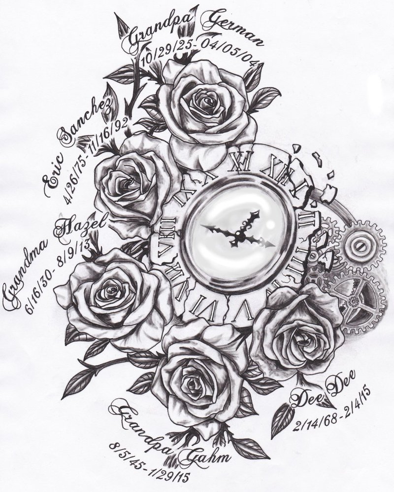 800x998 Broken Clock And Roses Tattoo Design By Spellfire42489