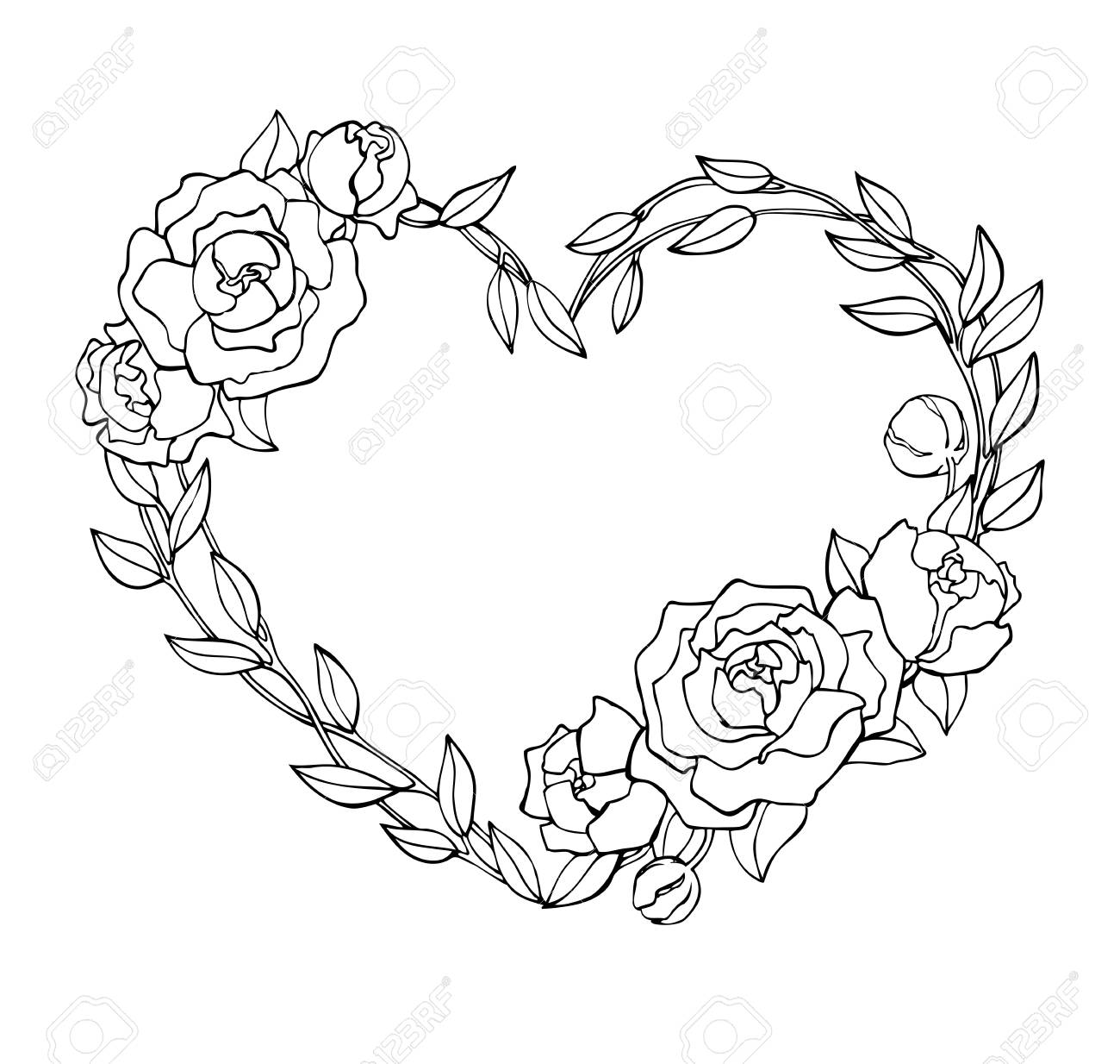 1300x1234 Vector Hand Drawn Rose Wreath In Heart Shape Illustration. Great