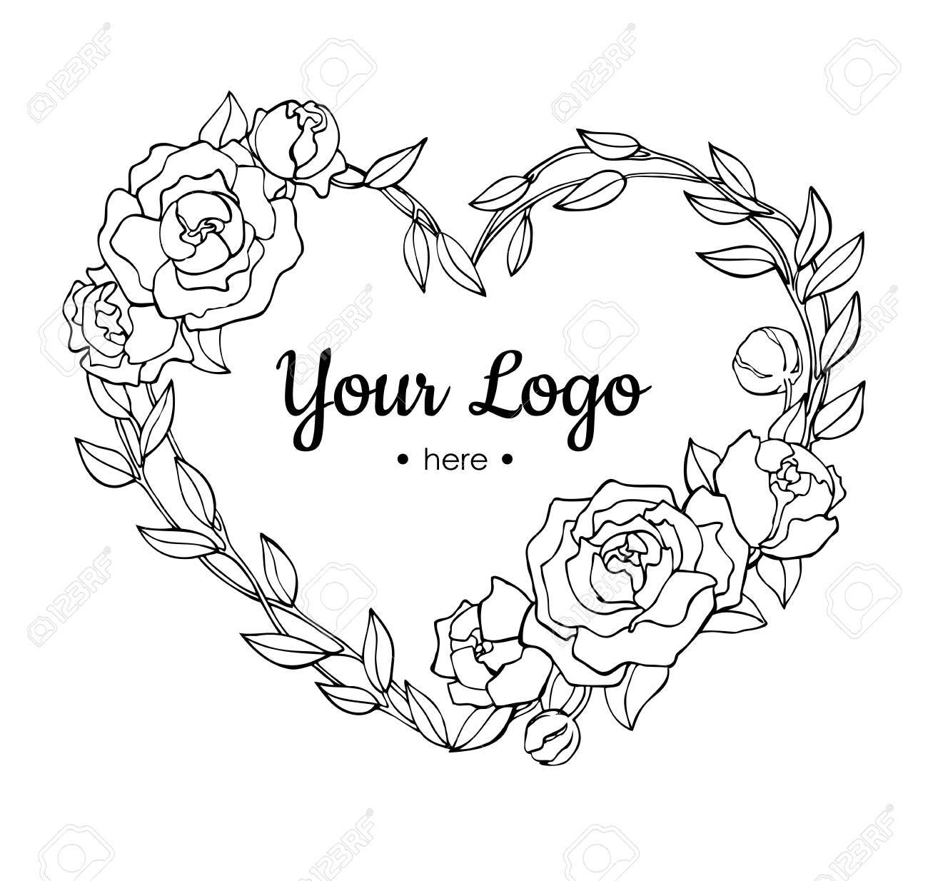 1300x1234 Vector Hand Drawn Rose Wreath In Heart Shape Illustration. Royalty
