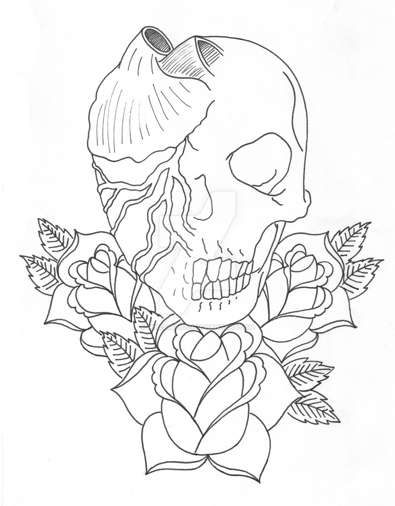 800x1025 Skull Heart And Roses Lineart By Mikesmith101