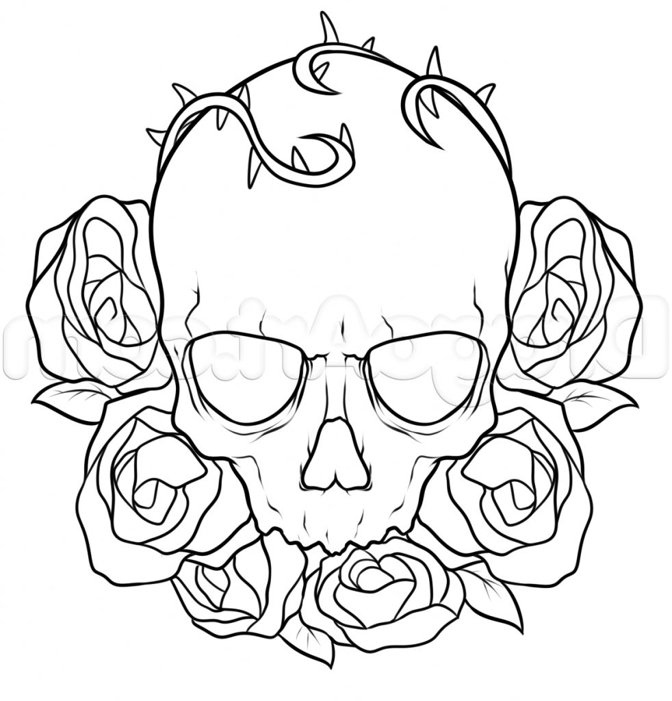 982x1024 Roses Drawing Pictures How To Draw A Skull And Roses Tattoo Step