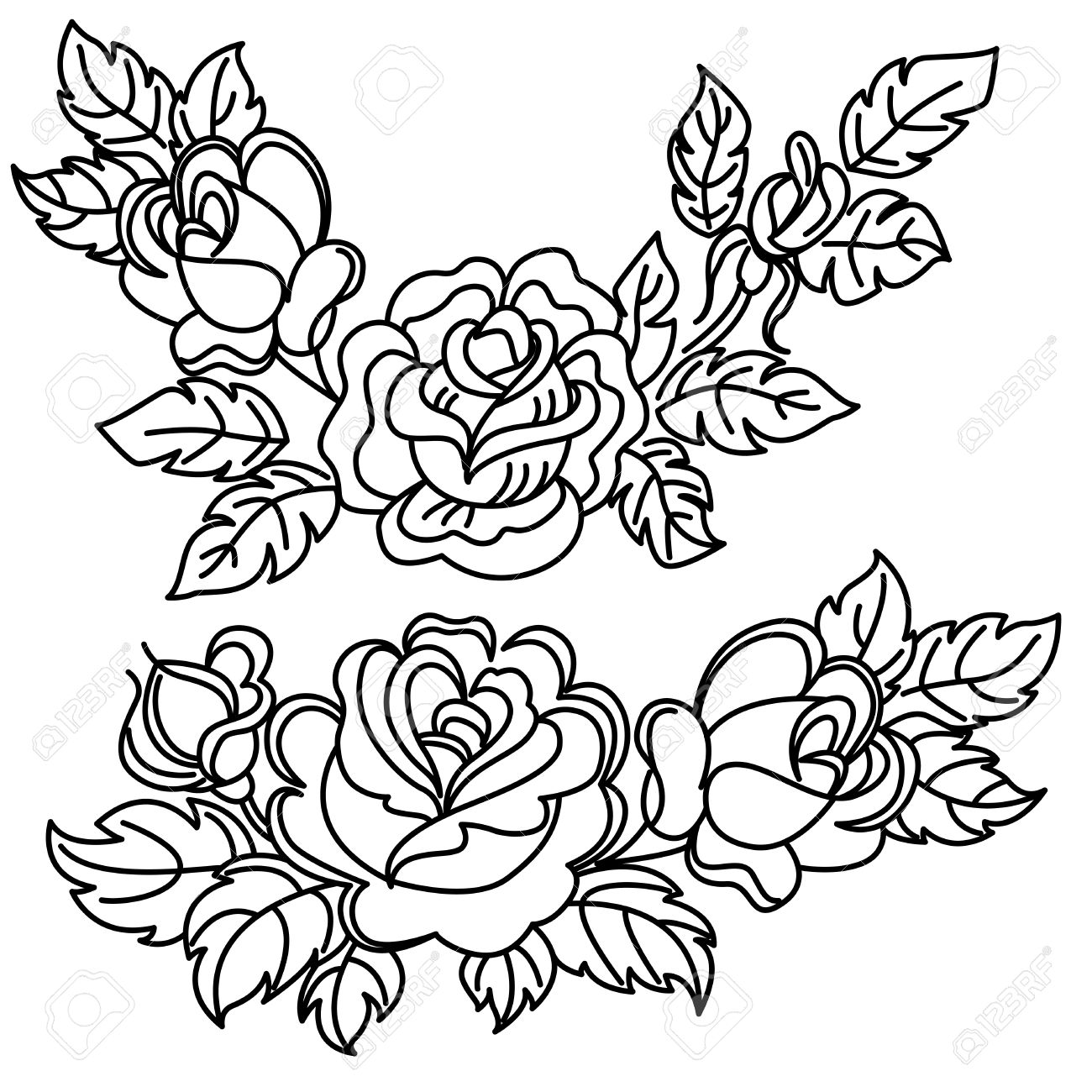 1300x1300 Roses, Flowers And Leaves. Black And White Drawing. Royalty Free