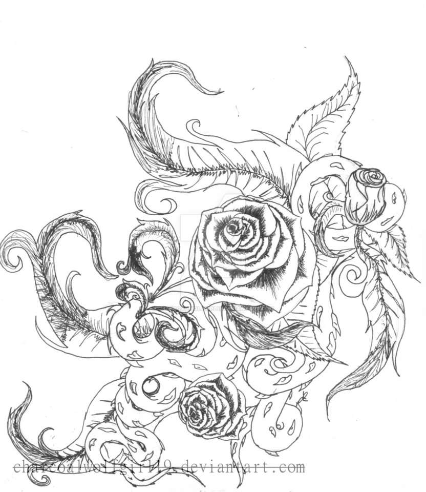 832x960 Rose Vines And Feather Blossems By Charcoalwolfgirl19