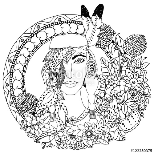 500x500 Vector Illustration , Native American Girl In Round Frame. Doodle