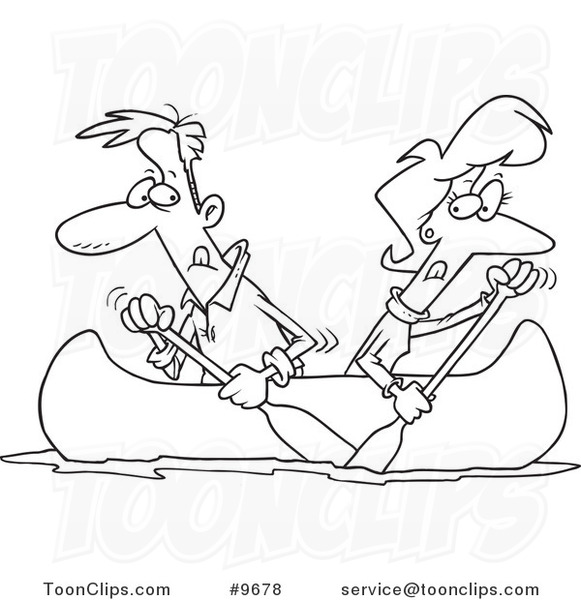 581x600 Cartoon Black And White Line Drawing Of A Couple Rowing A Canoe