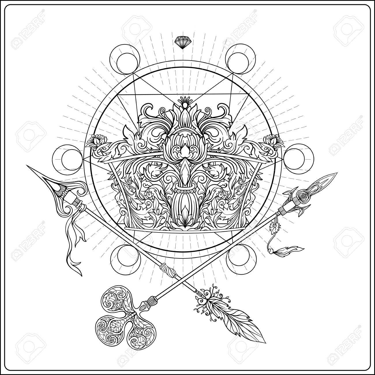 1300x1300 Golden Royal Crown And Crossed Swords With Sacred Geometry Symbol