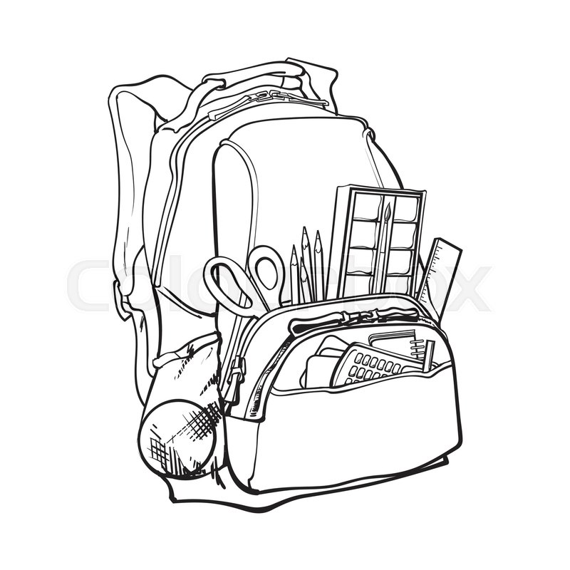 800x800 Backpack Packed With School Items, Supplies, Black And White