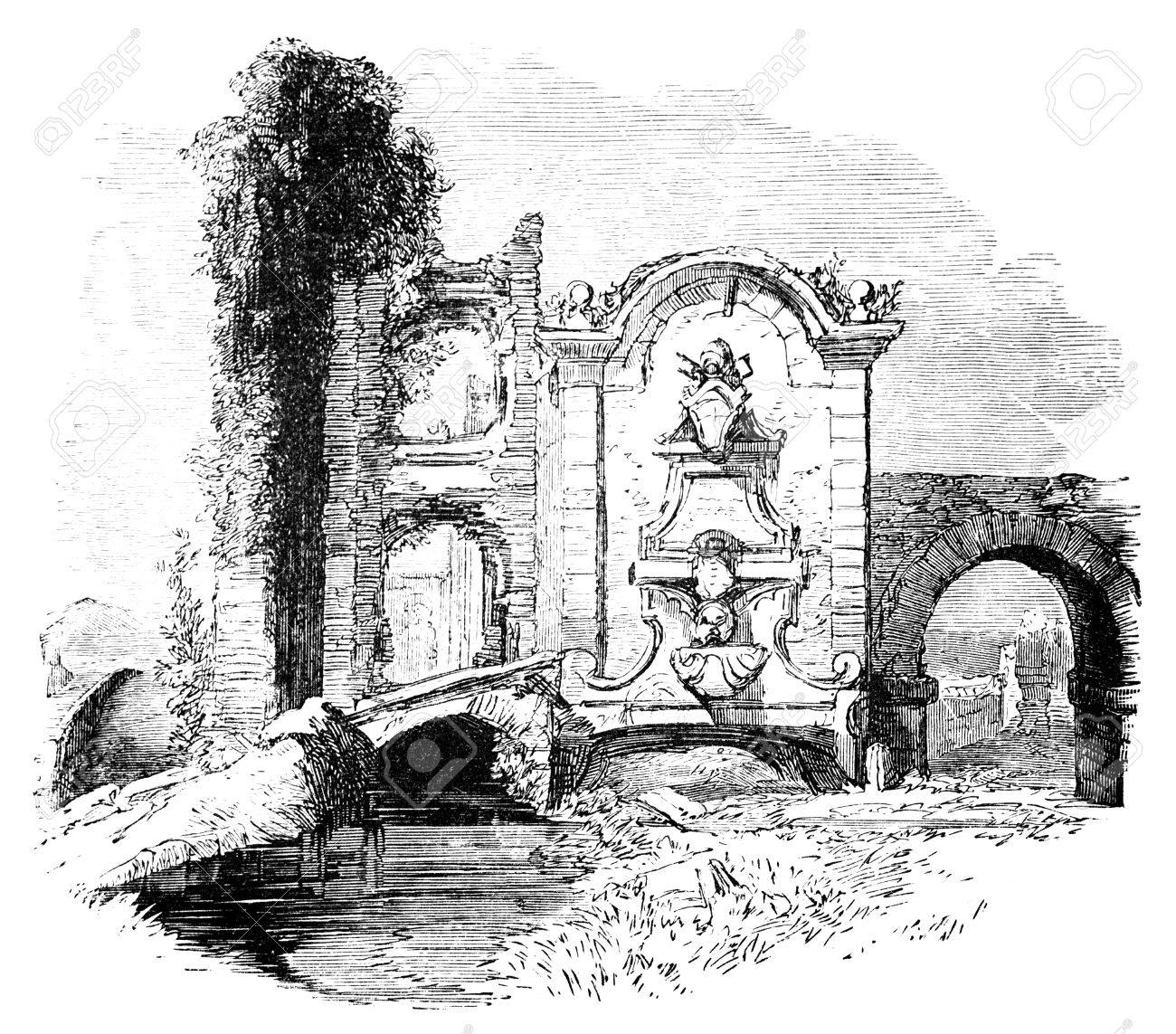 1300x1143 19th Century Engraving Of A Ruined Fountain Near Rome, Italy