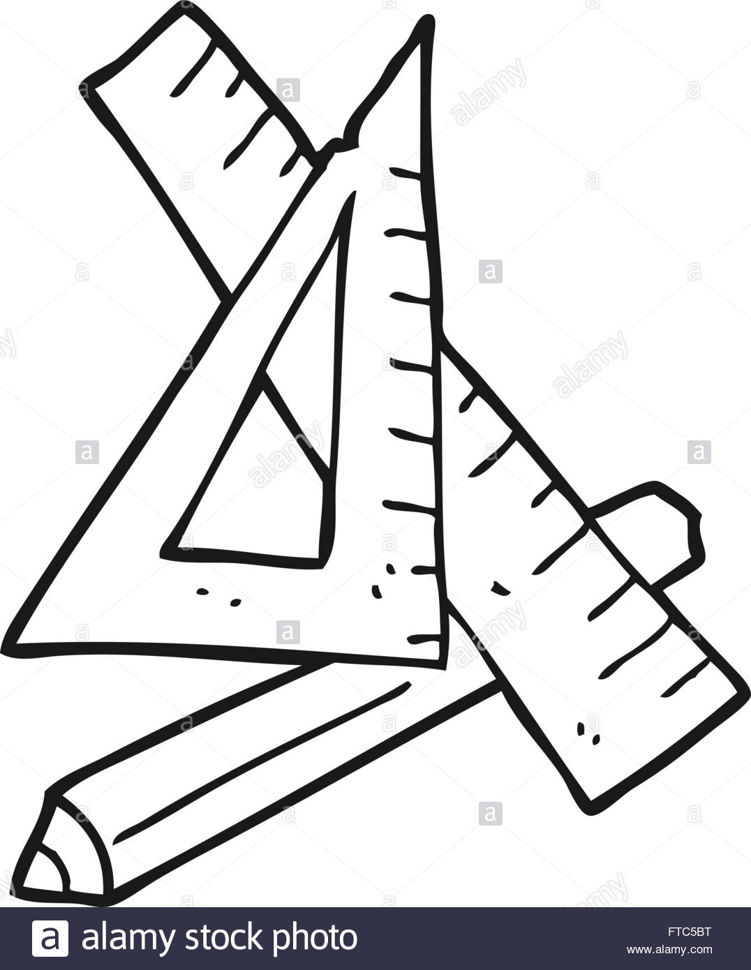 1076x1390 Freehand Drawn Black And White Cartoon Pencil And Ruler Stock