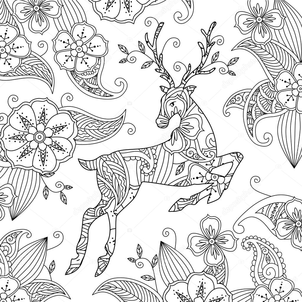 1024x1024 Coloring Page With Beautiful Running Deer And Floral Background