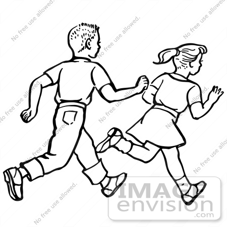 450x450 Clipart Of A Retro Boy And Girl Running In Black And White