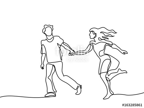 500x375 Happy Running Couple. Continuous Line Drawing. Vector Illustration