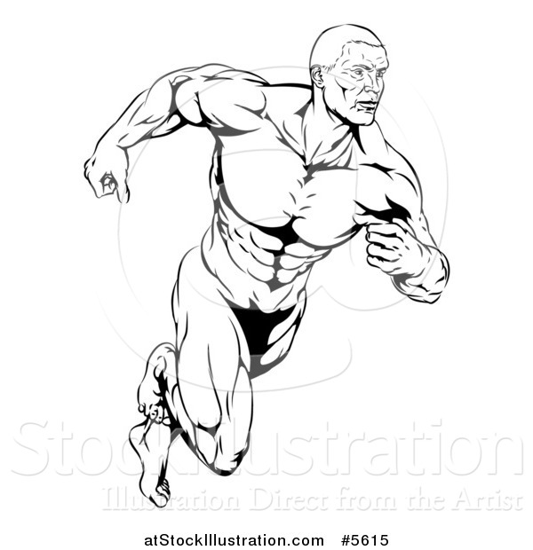 600x620 Vector Illustration Of A Black And White Running Muscular Man By