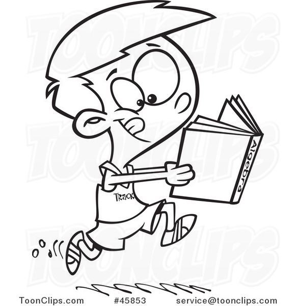 581x600 Cartoon Black And White Boy Running Track And Reading An Algebra
