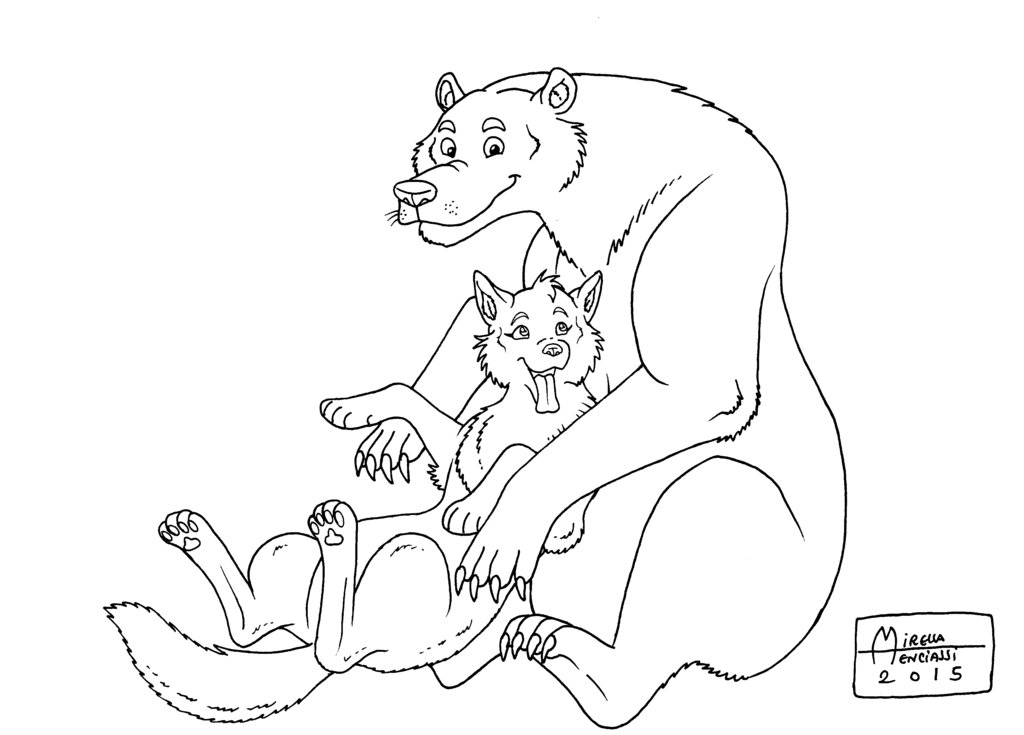1024x735 Wolf And Bear Lineart By Runningwolf Mirari