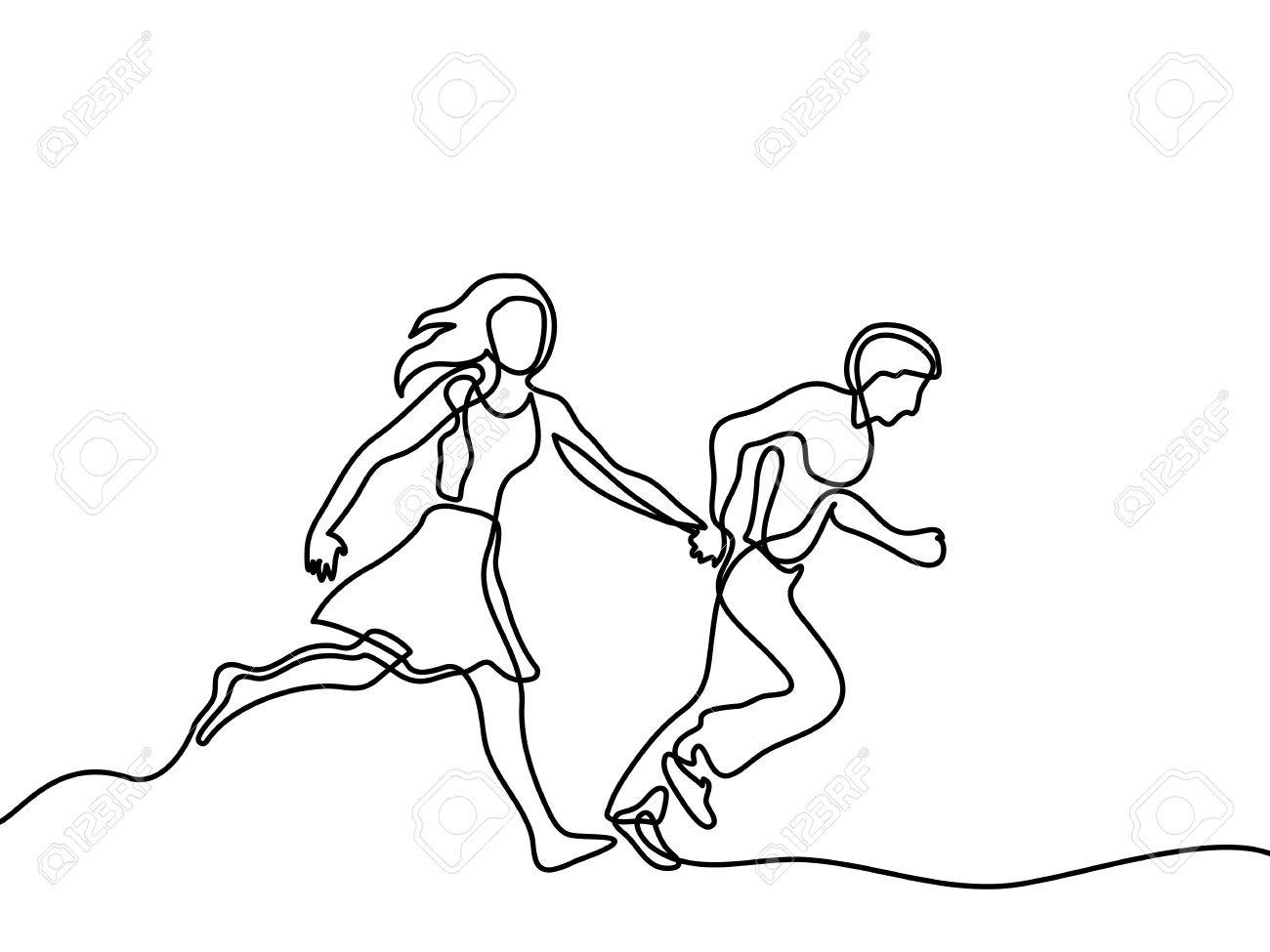 1300x975 Happy Running Couple. Continuous Line Drawing. Vector Illustration