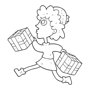 300x300 Freehand Drawn Black And White Cartoon Running Woman With Presents