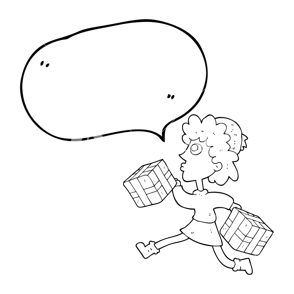 1000x1000 Freehand Drawn Speech Bubble Cartoon Running Woman With Presents