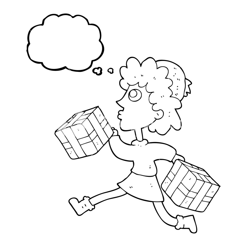 1000x1000 Freehand Drawn Thought Bubble Cartoon Running Woman With Presents
