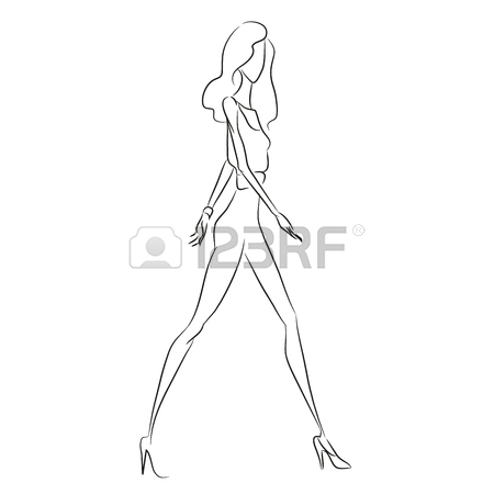 450x450 Vector Fashion Sketch. Beautiful Model Walking On Runway