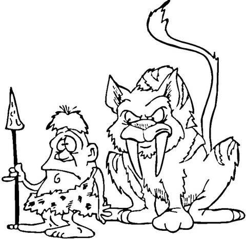 480x467 Saber Tooth Tiger And Caveman Coloring Page Free Printable