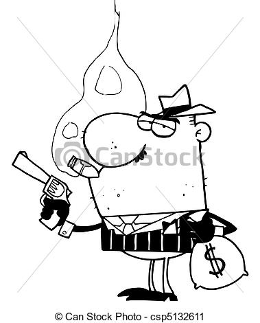 379x470 Mobster Holds Gun And Sack Of Money. Outlined Gangster Vector
