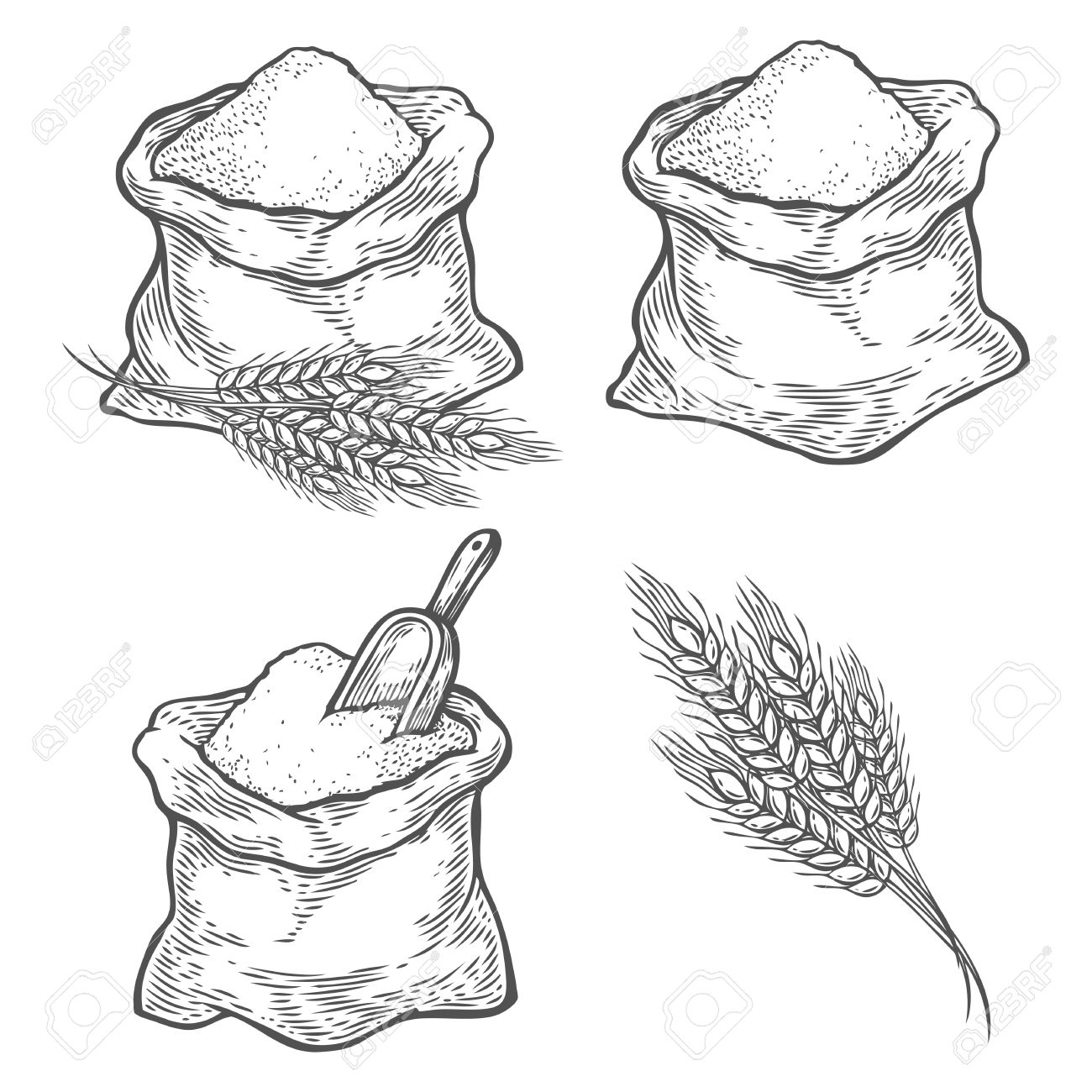 1300x1300 Sack With Whole Flour Or Sugar With Ear Wheat, Scoop. Hand Drawn