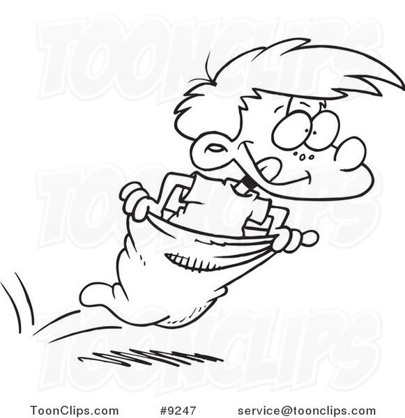 581x600 Cartoon Black And White Line Drawing Of A Boy Hopping In A Sack