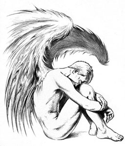 258x300 Grey Ink Sitting Sad Angel Tattoo Design