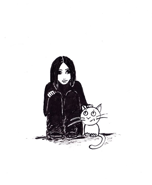600x729 Sad Girl And Cat By Evaklo