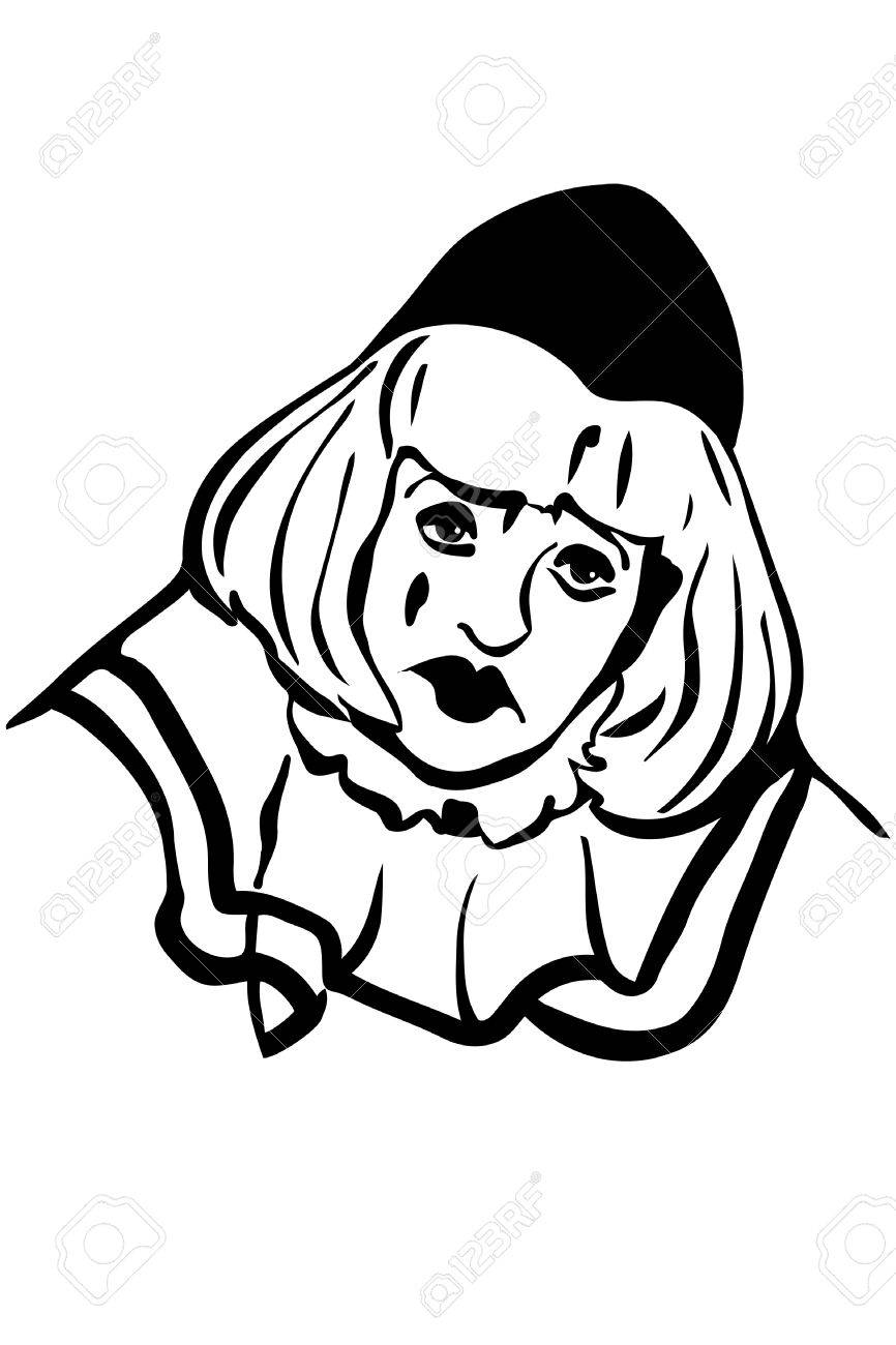 866x1300 Black And White Vector Sketch Of A Sad White Clown Royalty Free