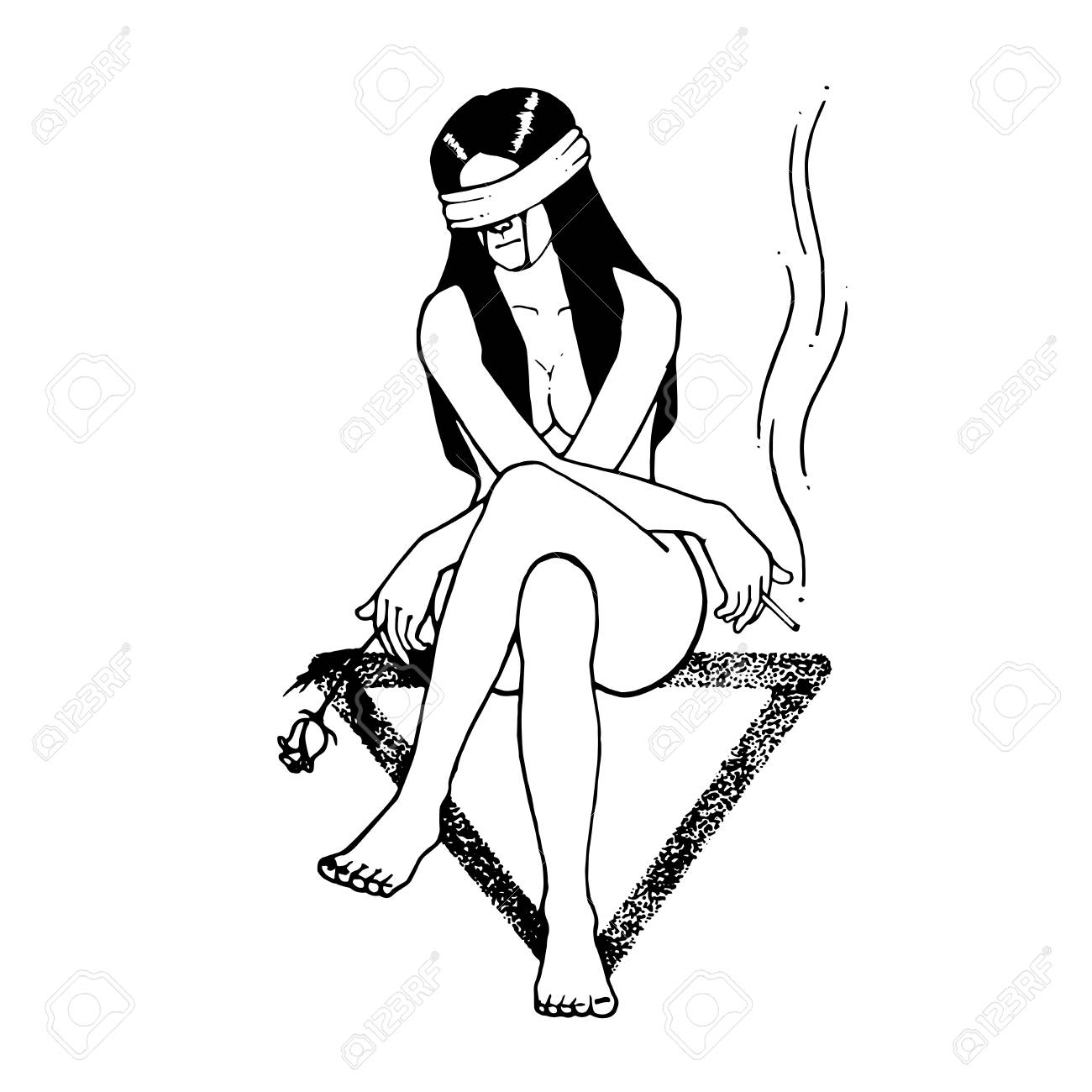1300x1300 Sad Girl Sit Down On Triangle Symbol. Right Hand With Cigarette