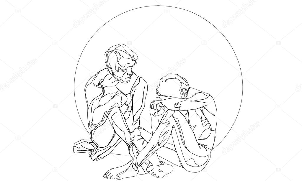 1023x614 Vector Line Drawing Of Two Sad Boys Stock Vector 1blackpen