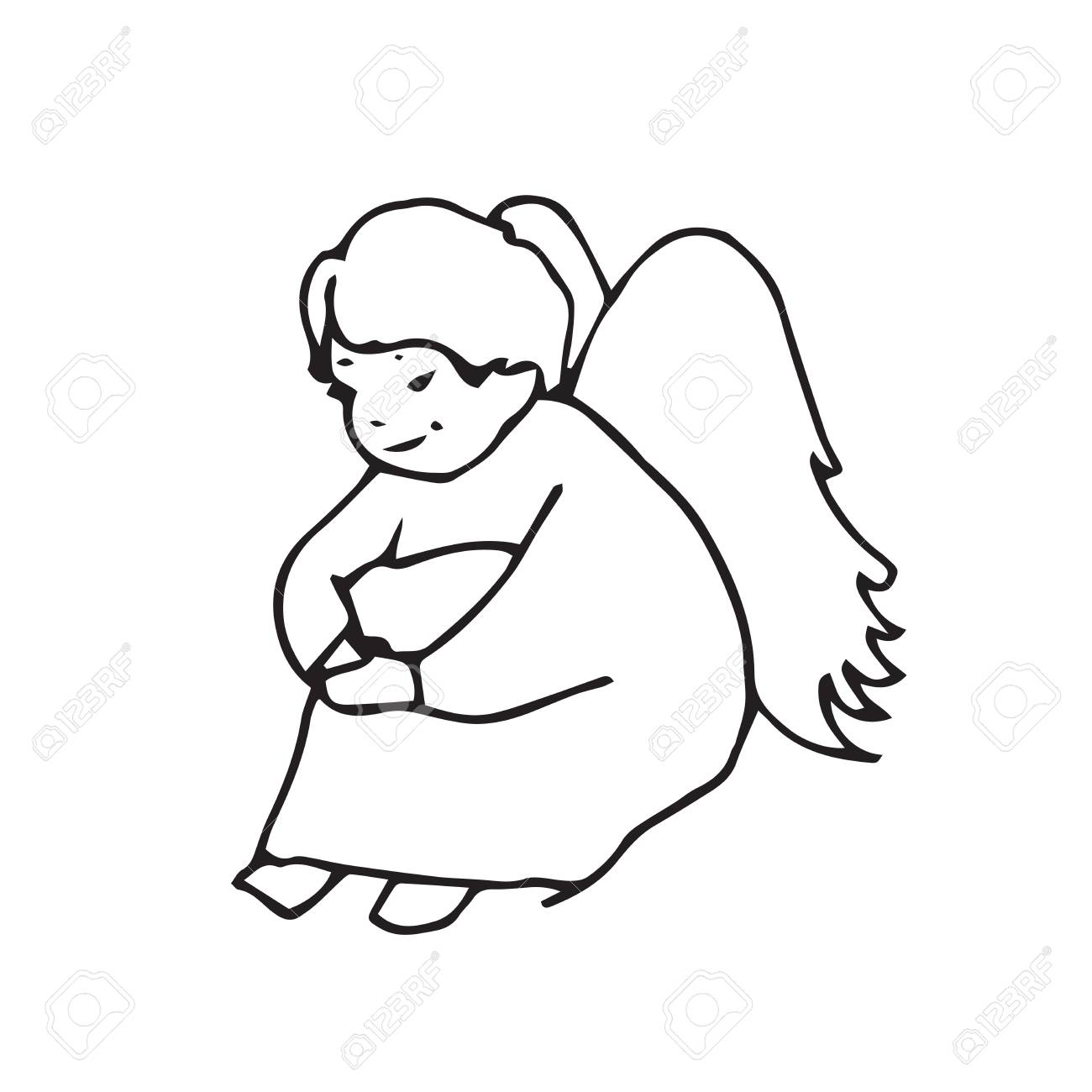 1300x1300 Sad Angel Cute Little Man. Sketch Hand Drawing Contour Vector