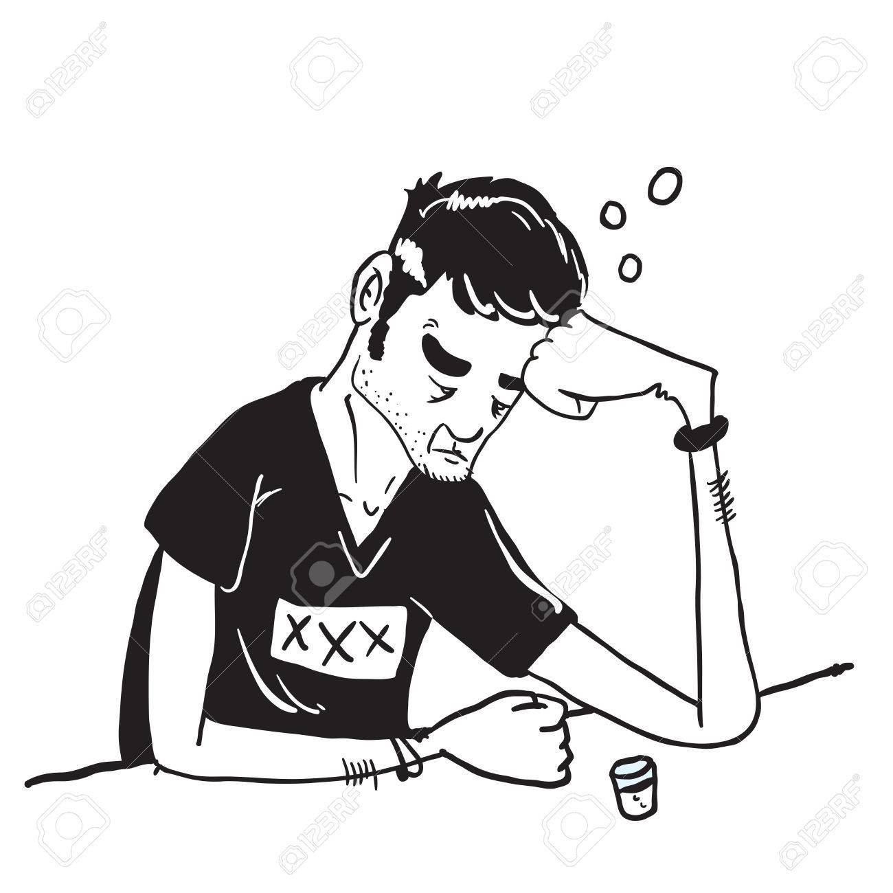 1300x1300 Simple Black And White Sad Man Drinking Cartoon