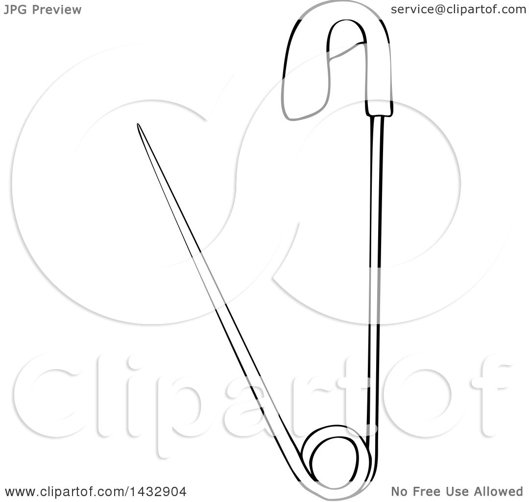 1080x1024 Clipart Of A Cartoon Black And White Lineart Safety Pin
