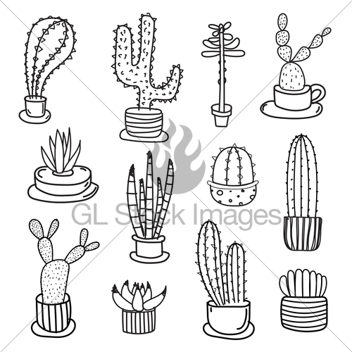 500x500 Hand Drawn Doodle Cactus Vector Set. Handmade Vector Illu Gl