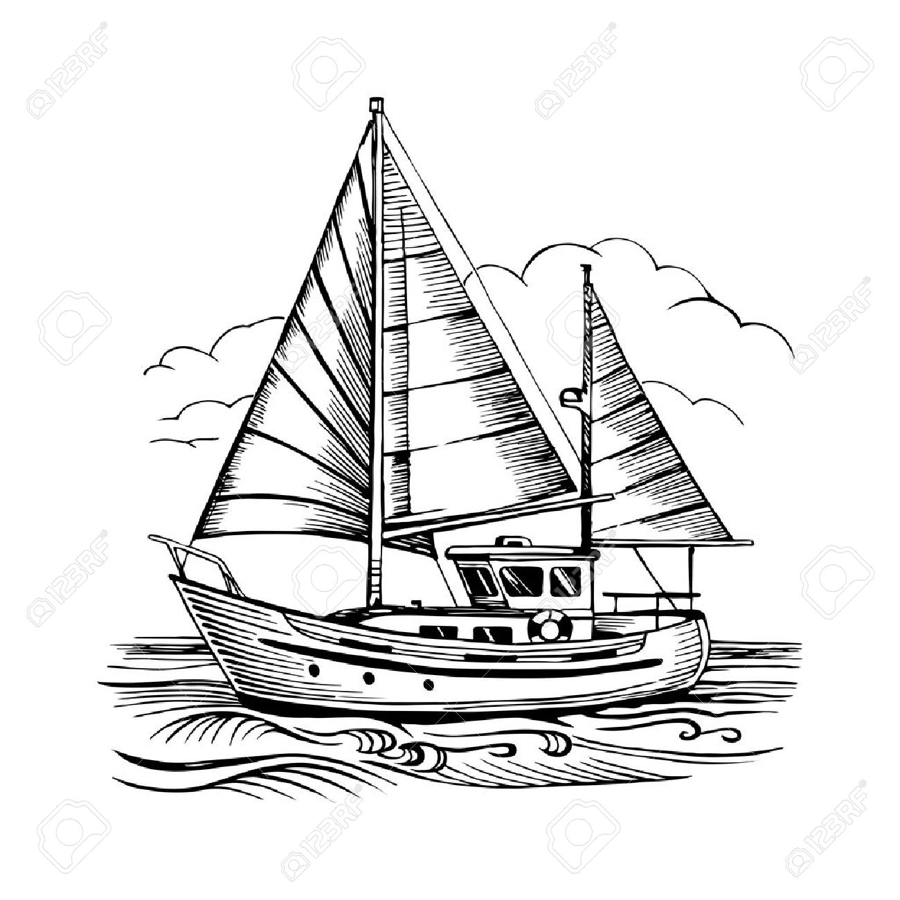 1300x1300 Sailing Boat Vector Sketch Isolated With Clouds And Stylized