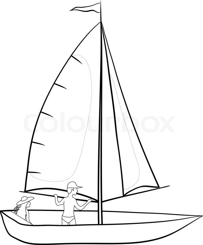 663x800 Sailing Boat With A Man And A Woman, Contours On White Background