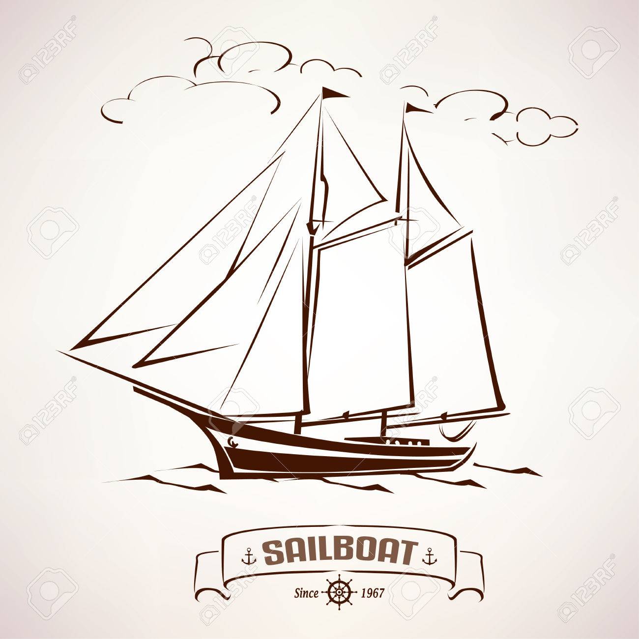 1300x1300 Sailboat, Vintage Wooden Ship Vector Sketch Royalty Free Cliparts