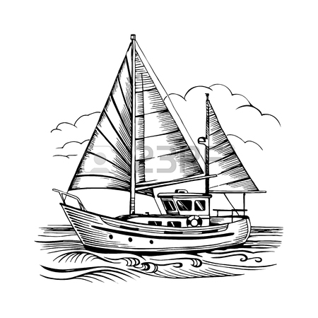 450x450 Sailing Boat Vector Sketch Isolated With Clouds And Stylized