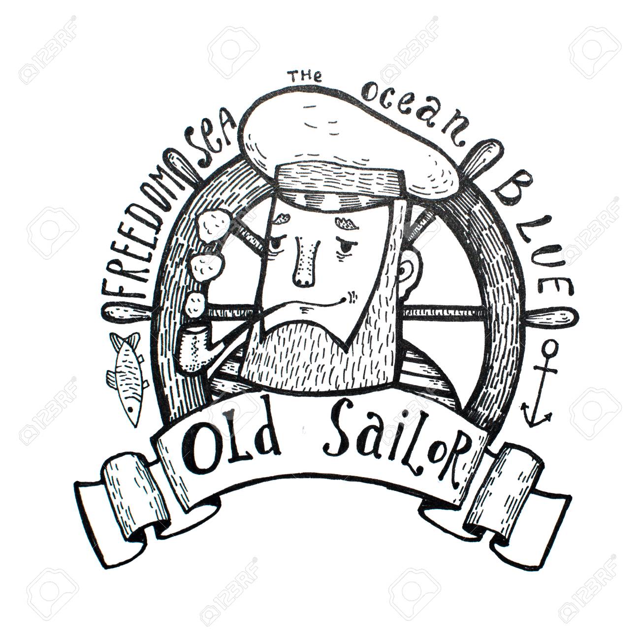 1300x1299 Hand Drawn Vintage Black And White Old Sailor. Stock Photo