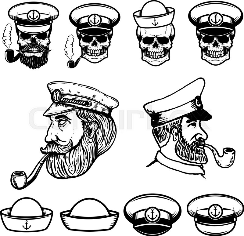 800x773 Sea Captain Illustrations. Skulls In Sailor Hats. Design Elements