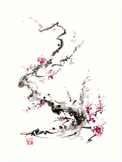 413x549 Sakura Cherry Blossom Pink And Red Flowers Tree Watercolor
