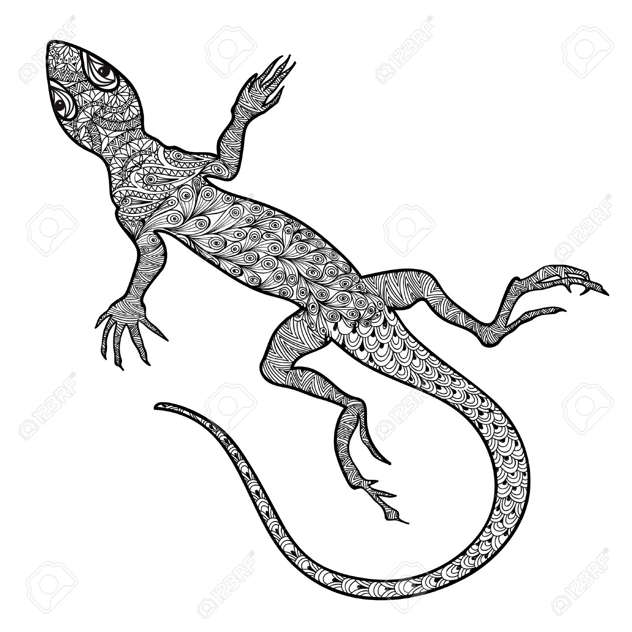 1300x1300 Lizard Isolated. Hand Drawn Vector Salamander With Ethnic Tribal