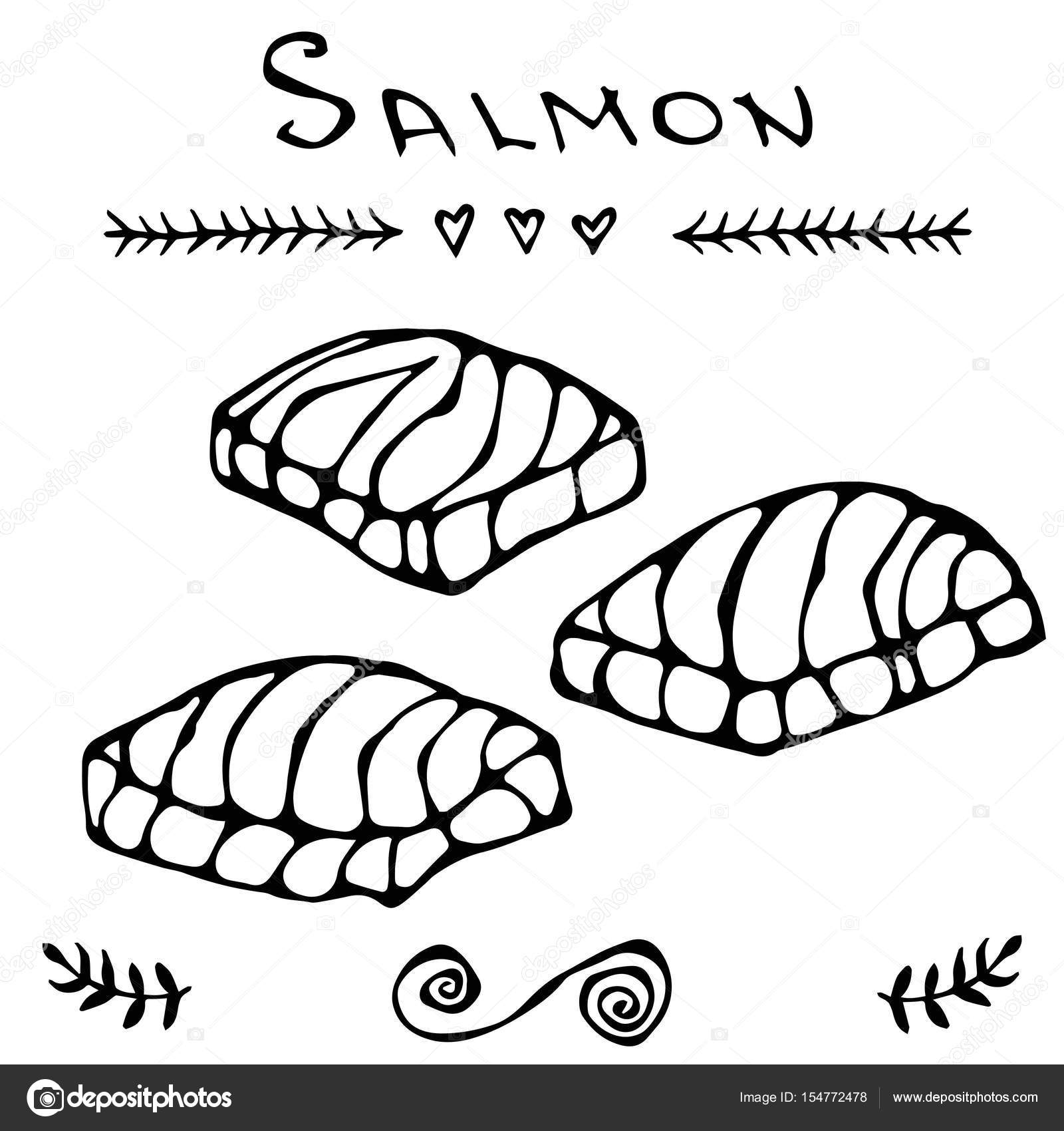 1600x1700 Steak Of Red Fish Salmon For Seafood Menu. Ink Vector Illustration