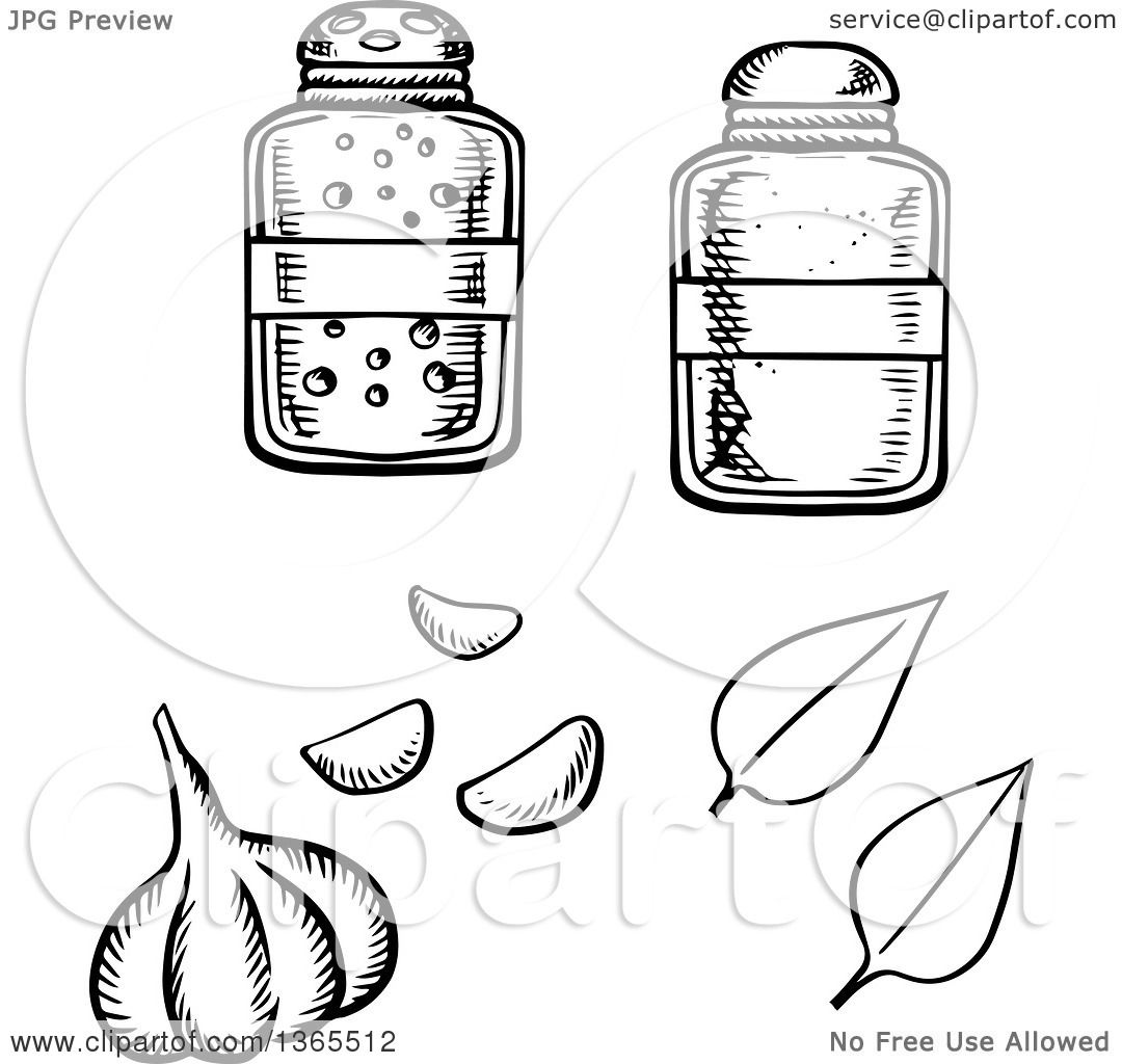 1080x1024 Clipart Of A Black And White Sketched Garlic Bulb, Basil Leaves