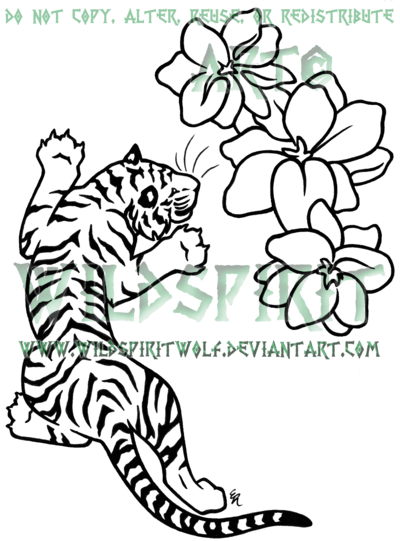 400x541 Tiger And Flowers Tattoo By