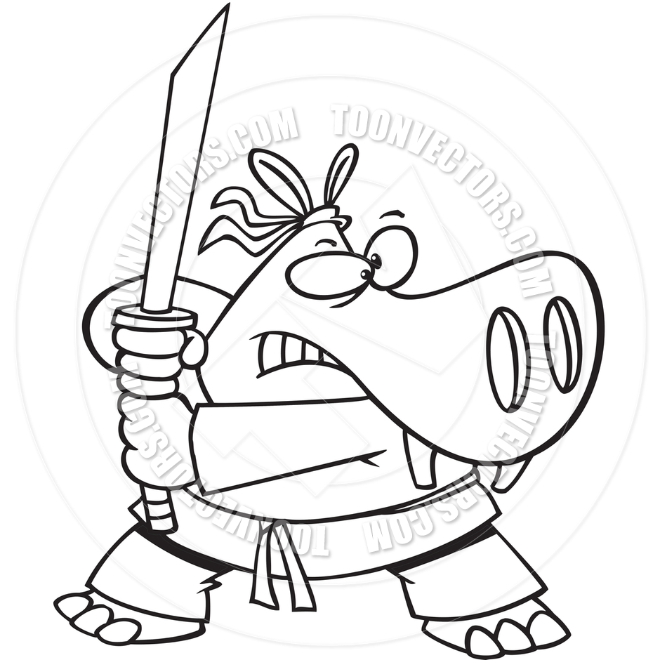 940x940 Cartoon Samurai Hippo (Black And White Line Art) By Ron Leishman